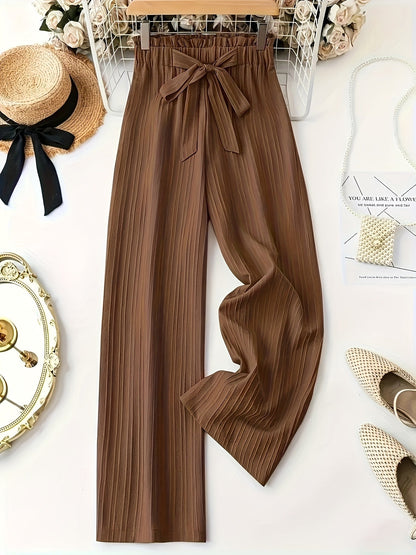 Damen Elegante Weitbein-Hose mit Schleife und Plissee – Perfekt für Freizeit und Büro