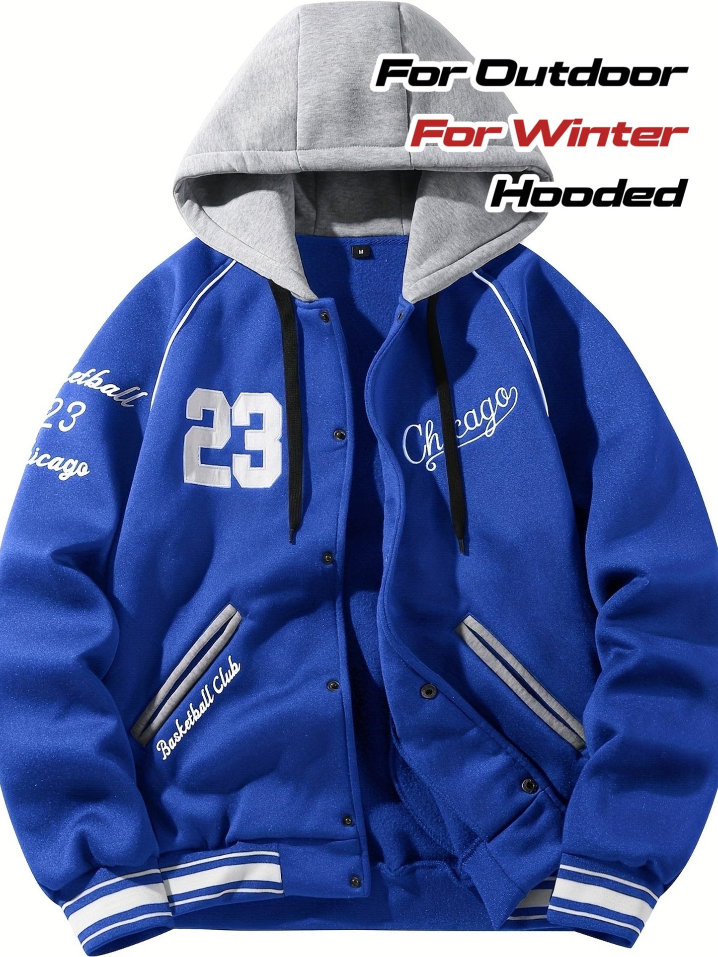 Unisex Baseballjacke mit Kapuze und Druckknöpfen, Winterjacke für Outdoor