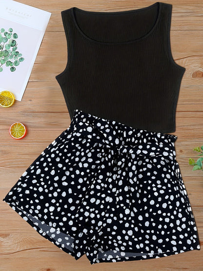 Damen Sommer-Set: Ärmelloses Top & Gepunktete Shorts – Freizeit & Urlaub, Elegant