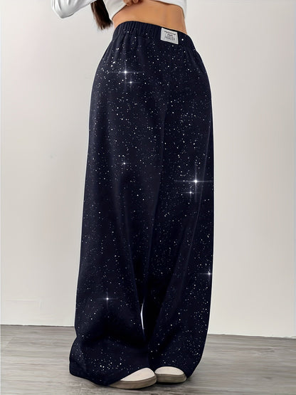 Damen Weite High-Waist Freizeit-Hose mit Galaxie-Print – Trendige Loungepants für Alltag & Streetwear