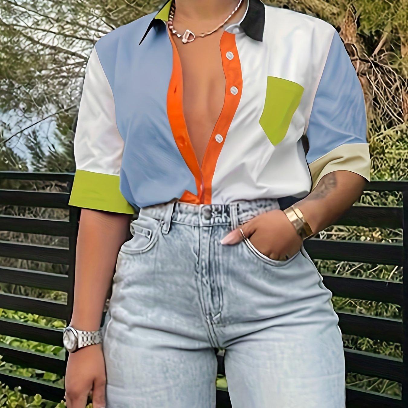 Damen Modernes Button-Up Hemd mit Kontrastdetails – Stilvolles Freizeit- und Büro-Outfit
