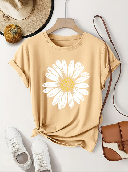 Damen T-Shirt mit Gänseblümchen-Print – Lässiges Sommer Oberteil im Boho-Stil