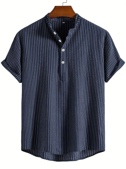 Herren Freizeit Hemd mit Stehkragen und Streifen – Modernes Kurzarmshirt für Alltag und Büro
