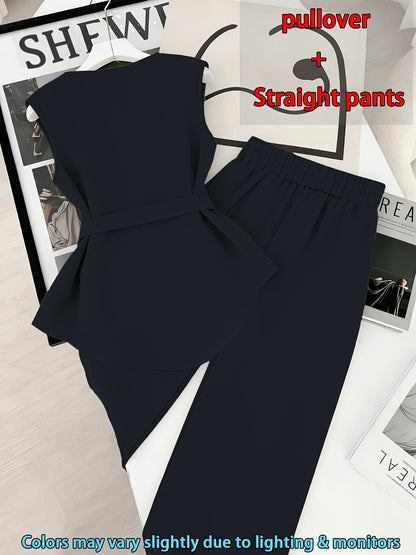 Damen Zweiteiler Set Elegant – Ärmelloses Oberteil mit Gürtel & Gerade Hose, Business & Alltag