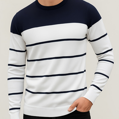 Herren Rundhals Pullover mit Blockstreifen und Rippbündchen