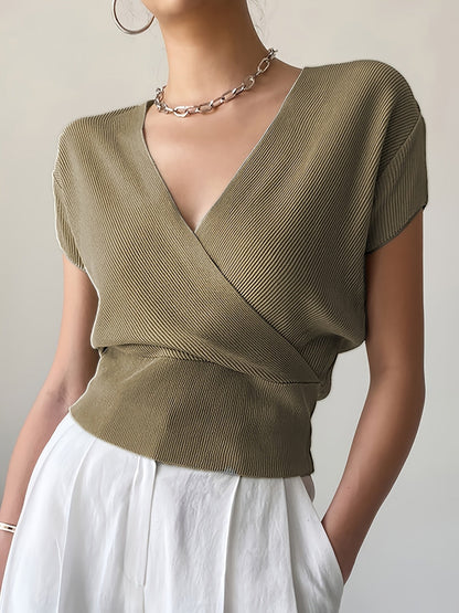 Damen Wickelshirt mit V-Ausschnitt – Eleganter Sommer Pullover Kurzarm für Freizeit & Büro