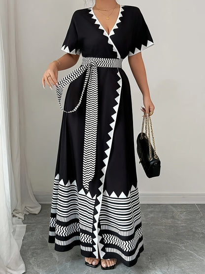 Damen Maxi Wickelkleid mit grafischem Muster und Bindegürtel – Eleganter Look für besondere Anlässe