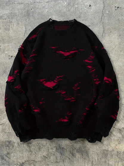 Unisex Strickpullover Rundhals Distressed-Look