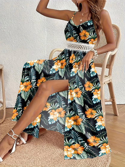 Damen Maxikleid mit tropischem Blumenmuster und Spitzendetail – Eleganter Sommer- und Urlaubsstil