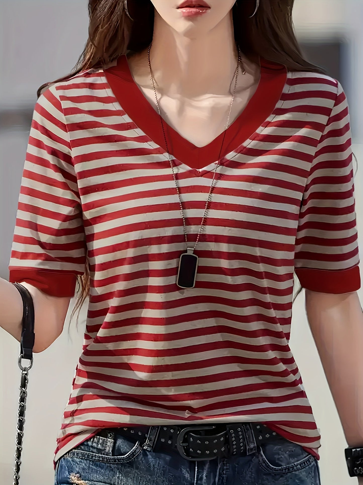 Damen Streifen T-Shirt mit V-Ausschnitt, Kurzarm, Modischer Freizeitstil