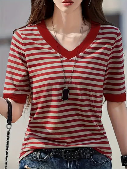 Damen Streifen T-Shirt mit V-Ausschnitt, Kurzarm, Modischer Freizeitstil