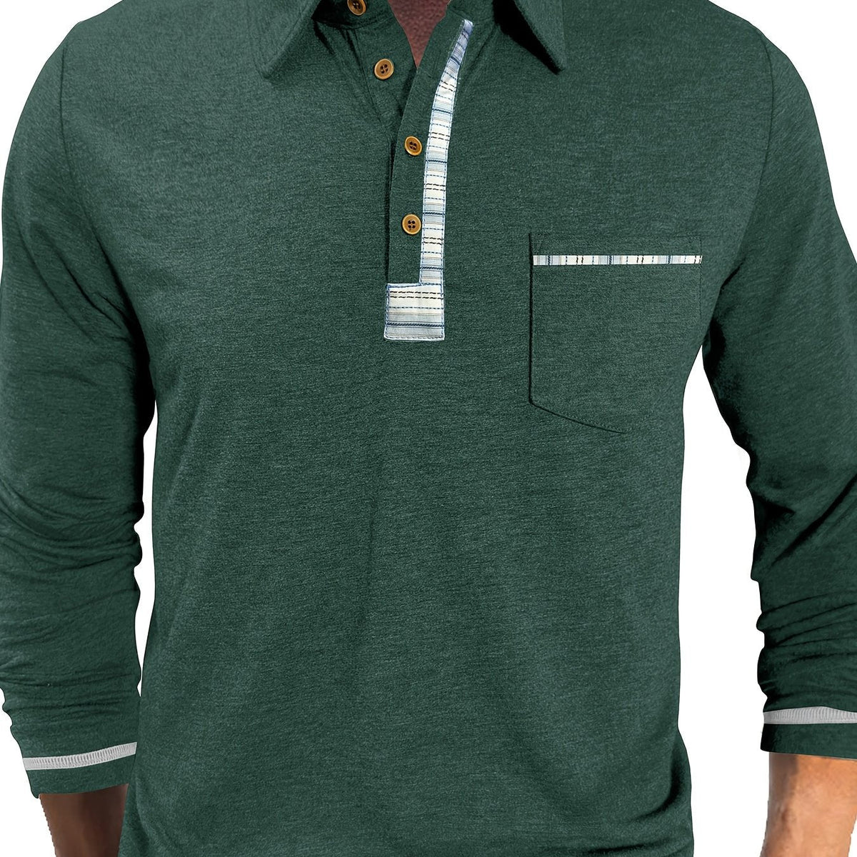 Herren Langarm Polo-Shirt mit Kragen, Knopfleiste und Brusttasche