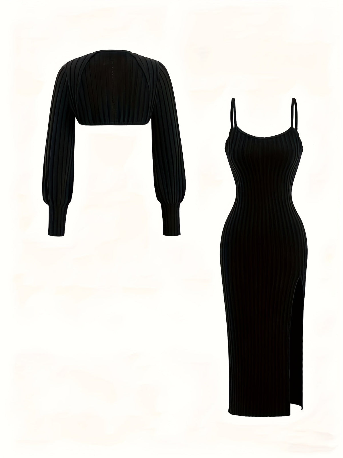 Rippstrick Midikleid & Bolero Set für Damen mit Spaghettiträgern und Seitenschlitz