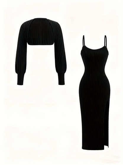 Rippstrick Midikleid & Bolero Set für Damen mit Spaghettiträgern und Seitenschlitz
