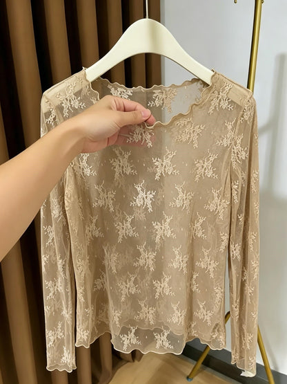 Damen Langarm-Spitzenshirt mit floraler Stickerei und transparentem Design – Elegantes Oberteil für besondere Anlässe