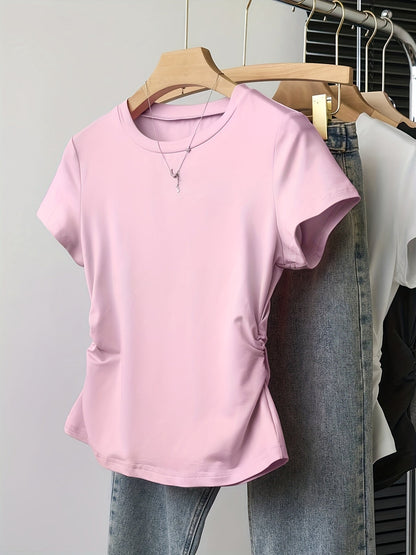 Damen Basic T-Shirt mit Raffung und Rundhalsausschnitt – Alltag & Freizeit