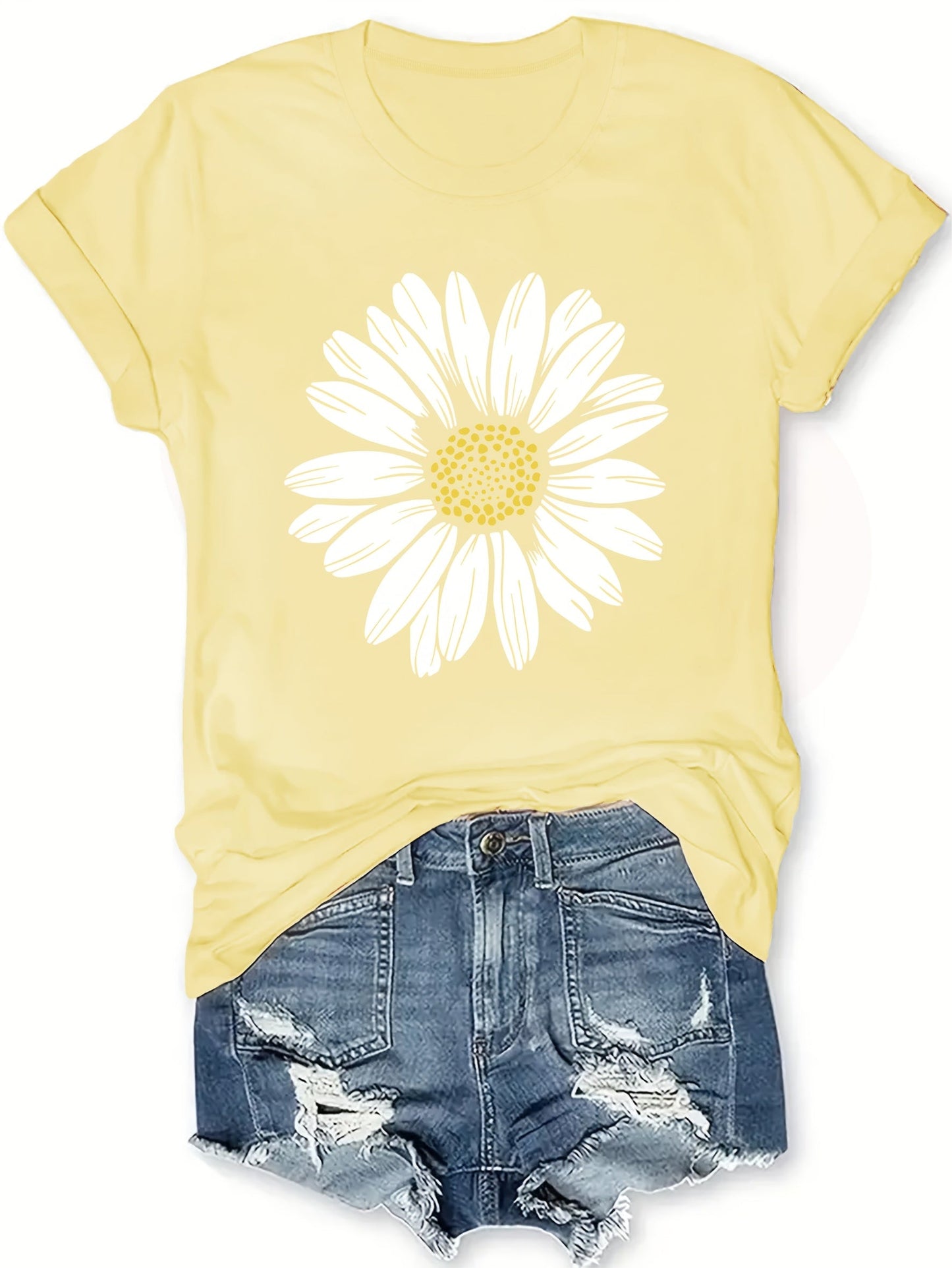 Damen T-Shirt mit Gänseblümchen-Print – Lässiges Sommer Oberteil im Boho-Stil