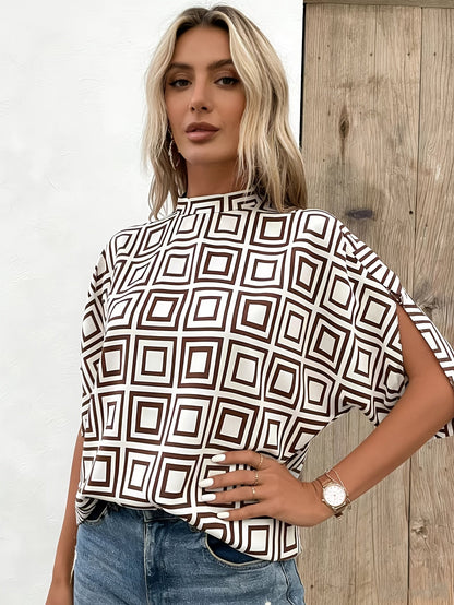 Damen Bluse mit Stehkragen und geometrischem Muster – Modischer Alltags- und Büro-Look