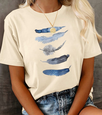 Damen T-Shirt mit künstlerischem Feder-Print, lässig, für Alltag und Freizeit