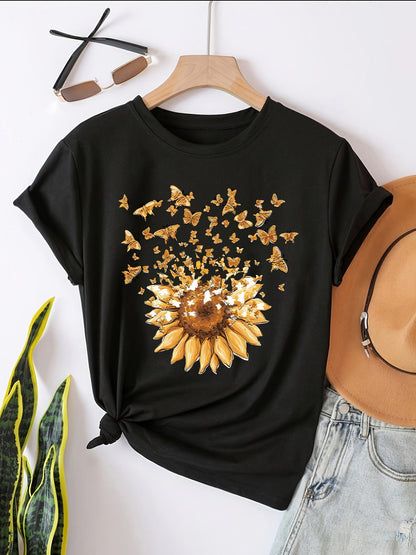 Damen T-Shirt mit Sonnenblume und Schmetterlingen – Casual Sommer Oberteil, Modisches Print-Shirt