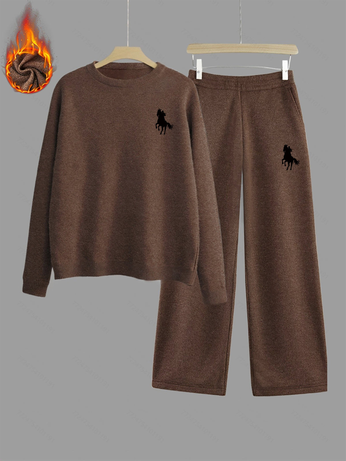 Damen Loungewear Set Pullover und Hose Braun mit Pferde-Stickerei