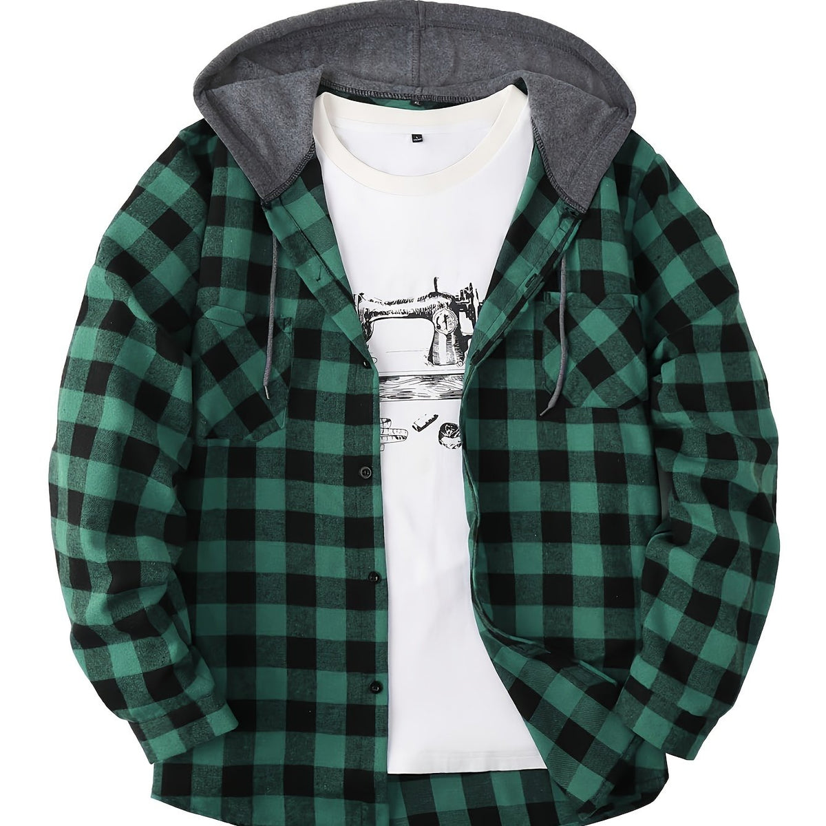 Unisex Kariertes Hemdjacke mit Kapuze Button-Down Langarm Freizeithemd