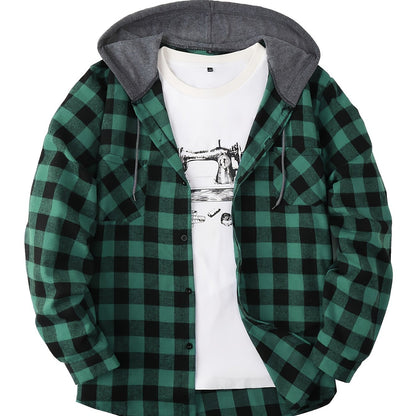 Unisex Kariertes Hemdjacke mit Kapuze Button-Down Langarm Freizeithemd