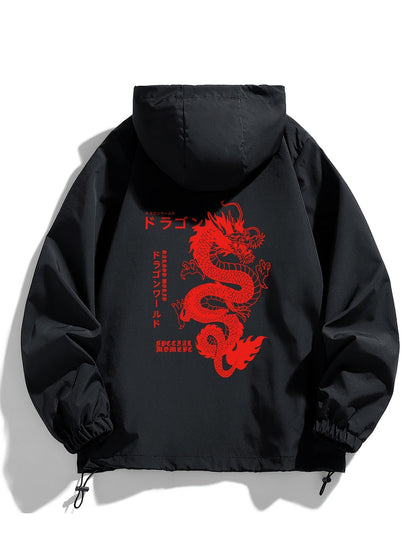 Unisex Windjacke Schwarz mit Kapuze & rotem Drachenmotiv