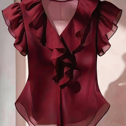 Damen Rüschenbluse mit V-Ausschnitt und Volantärmeln – Elegante Chiffonbluse für Büro und besondere Anlässe