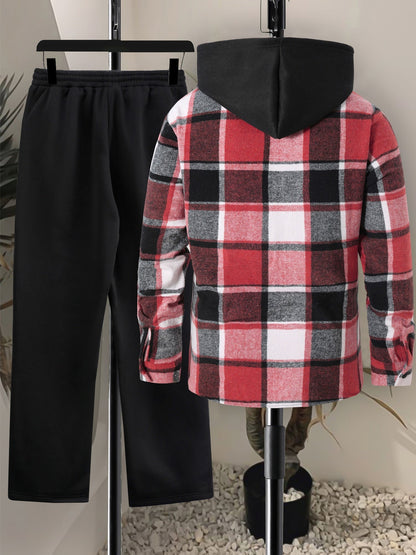 Herren Kariertes Hemd mit Kapuze und Unifarbene Jogginghose Set