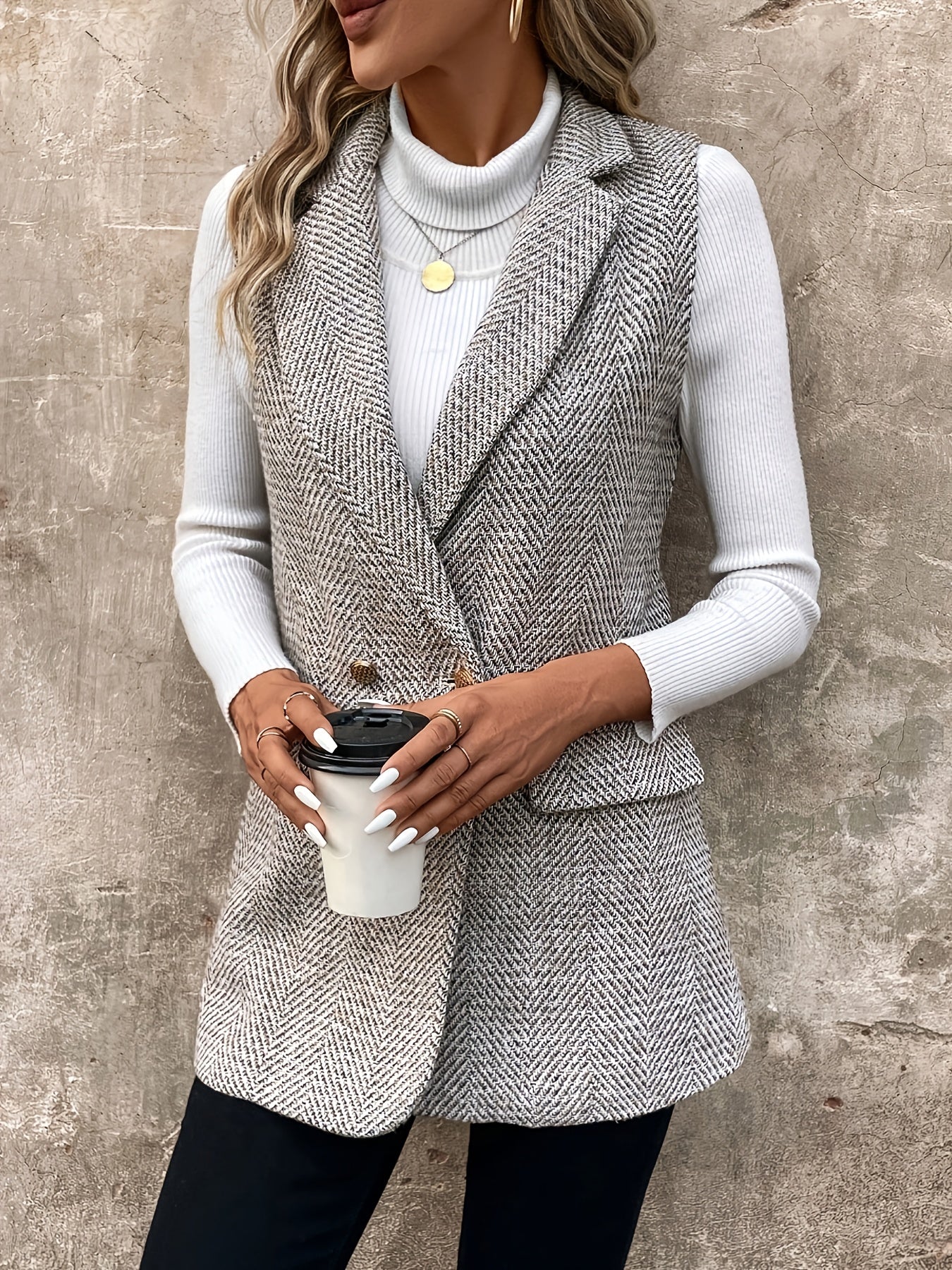 Damen Weste Fischgrätmuster Lang Elegant Ärmellos Grau Weiß