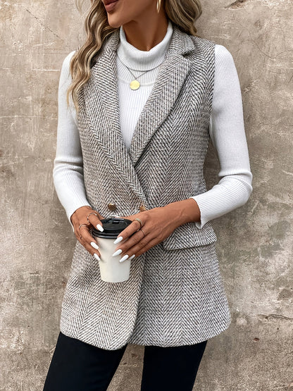 Damen Weste Fischgrätmuster Lang Elegant Ärmellos Grau Weiß