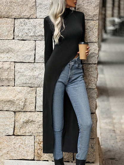 Damen Rollkragen Langarmshirt Schwarz Asymmetrischer Saum Hoher Schlitz