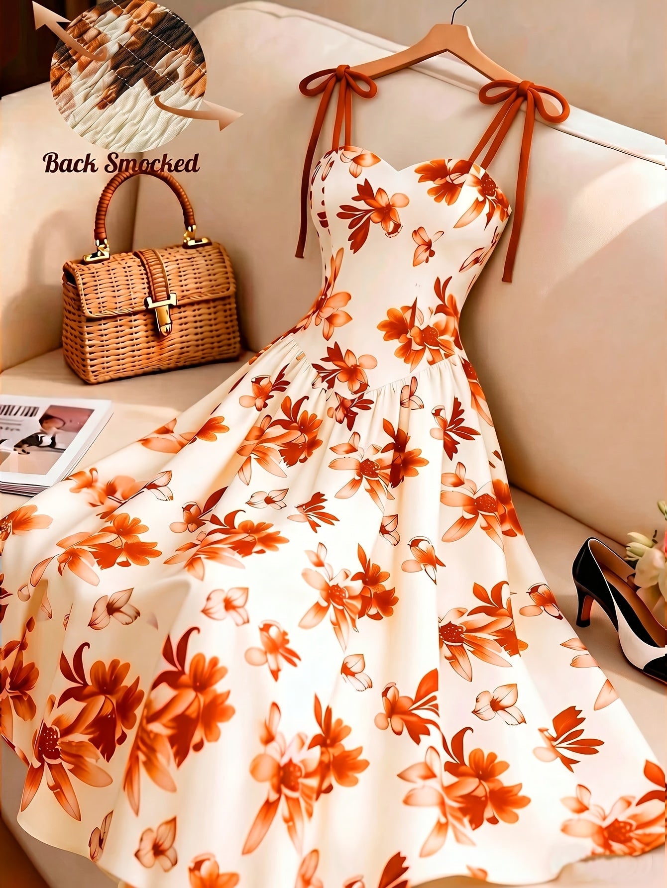 Damen Midikleid mit Blumenmuster und Schleifen-Trägern – Elegantes A-Linien Sommerkleid
