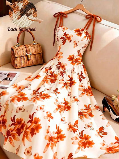 Damen Midikleid mit Blumenmuster und Schleifen-Trägern – Elegantes A-Linien Sommerkleid