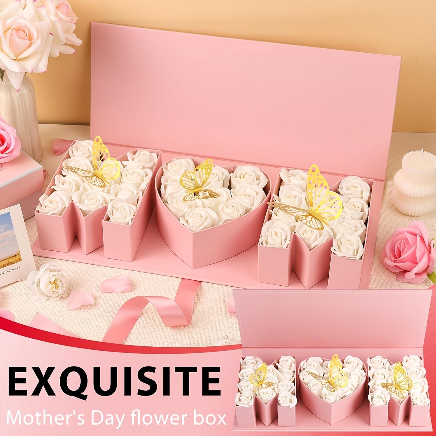 Muttertag Geschenkbox mit Rosen und Schmetterlingen – Elegante Dekoration und Präsentationsbox für Damen