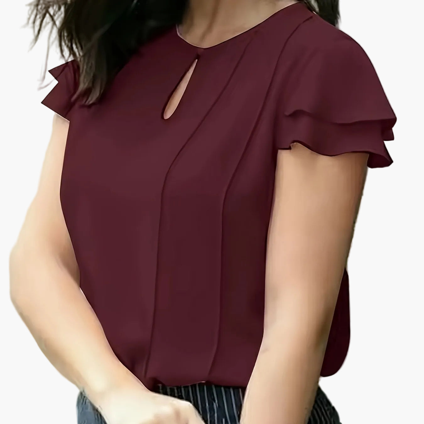 Damen Elegante Bluse mit Volantärmeln und Keyhole-Ausschnitt – Stilvolle Sommermode für Büro und Freizeit