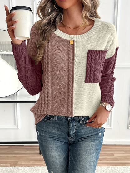 Damen Patchwork Strickpullover mit Rundhalsausschnitt und Zopfmuster