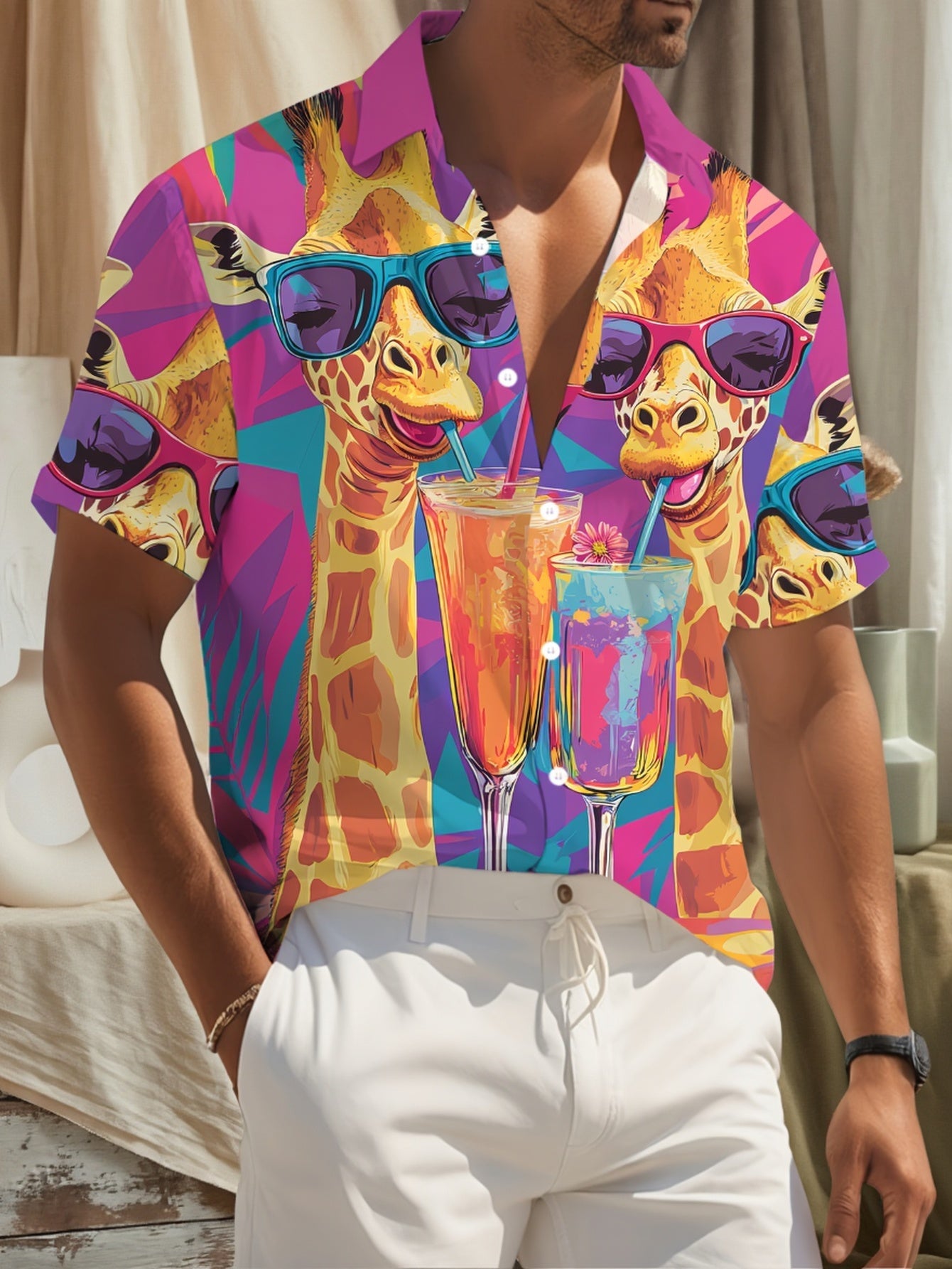 Herren Hawaii-Hemd mit Giraffen- und Cocktail-Print – Sommer Party Freizeithemd