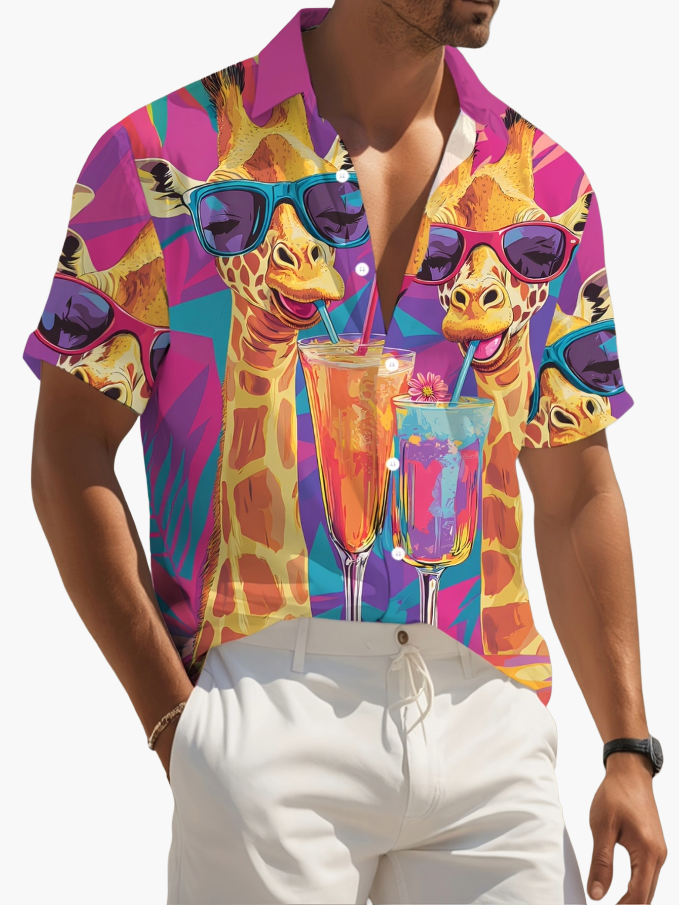 Herren Hawaii-Hemd mit Giraffen- und Cocktail-Print – Sommer Party Freizeithemd