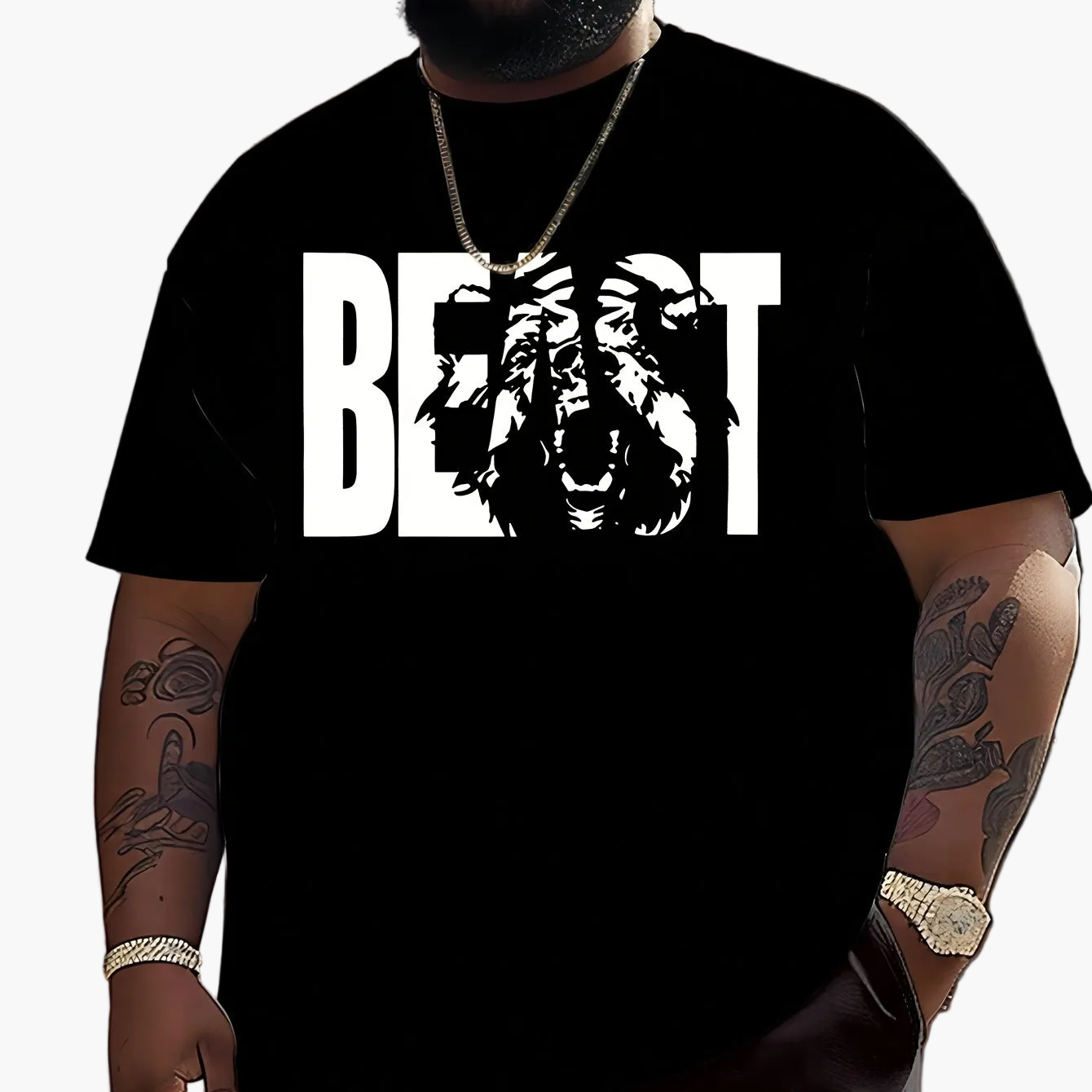 Herren T-Shirt mit "BEAST" Statement und Löwenkopf-Design – Urban Streetwear, Oversize Look