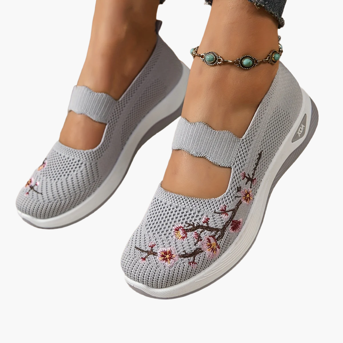 Damen Komfort-Sneaker mit floraler Stickerei und Klettverschluss – Bequeme Freizeitschuhe für Alltag und Spaziergänge