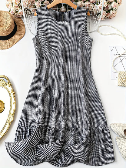 Damen Freizeitkleid ärmellos kariert mit Rüschensaum – Elegantes Sommerkleid für Alltag & Ausflüge