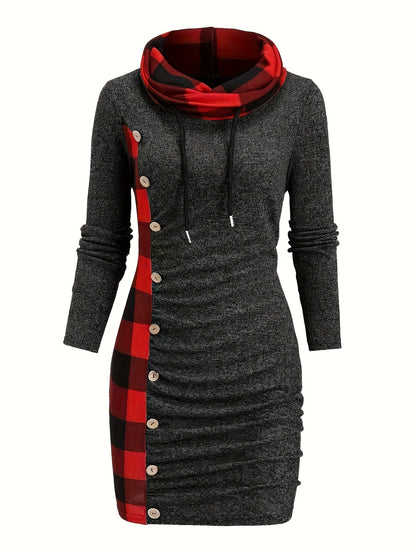 Damen Langarmkleid mit Rollkragen, kariertem Einsatz und Raffung