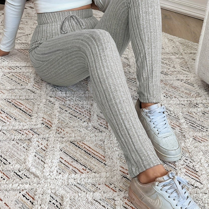 Damen Rippstrick Hose mit Kordelzug und weitem Bein