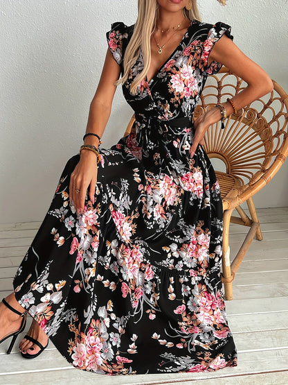 Damen Maxikleid mit Blumendruck und Gürtel – Elegantes Sommerkleid im Boho-Stil für Urlaub und Freizeit