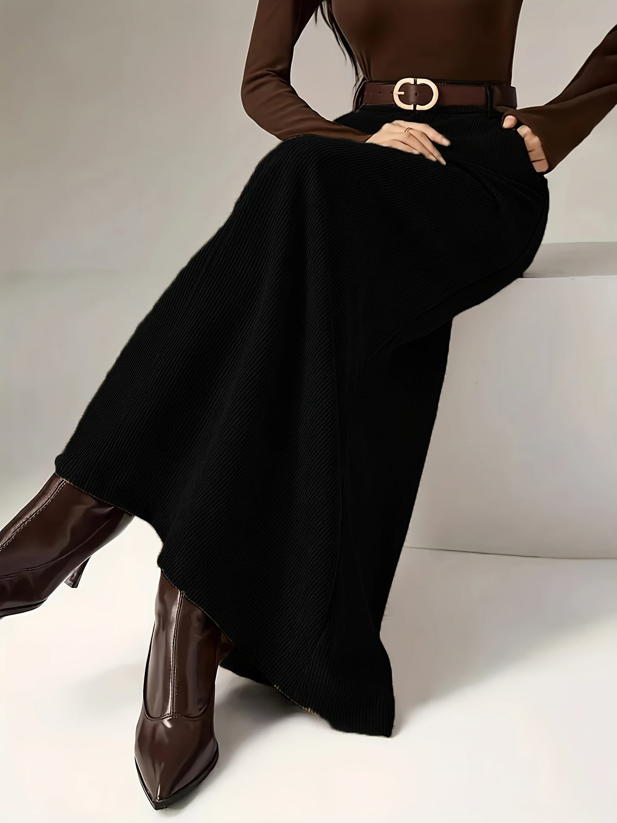 Damen Maxirock A-Linie Cordoptik Hohe Taille mit Seitentaschen