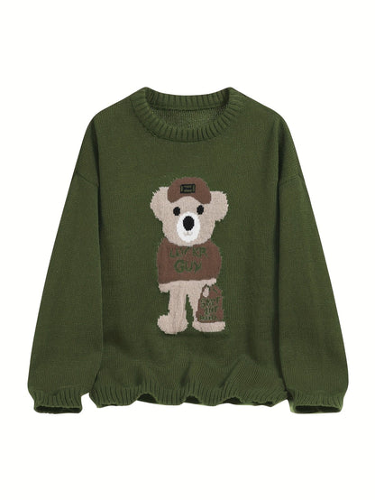 Unisex Strickpullover mit Teddybär-Muster Rundhalsausschnitt Langarm