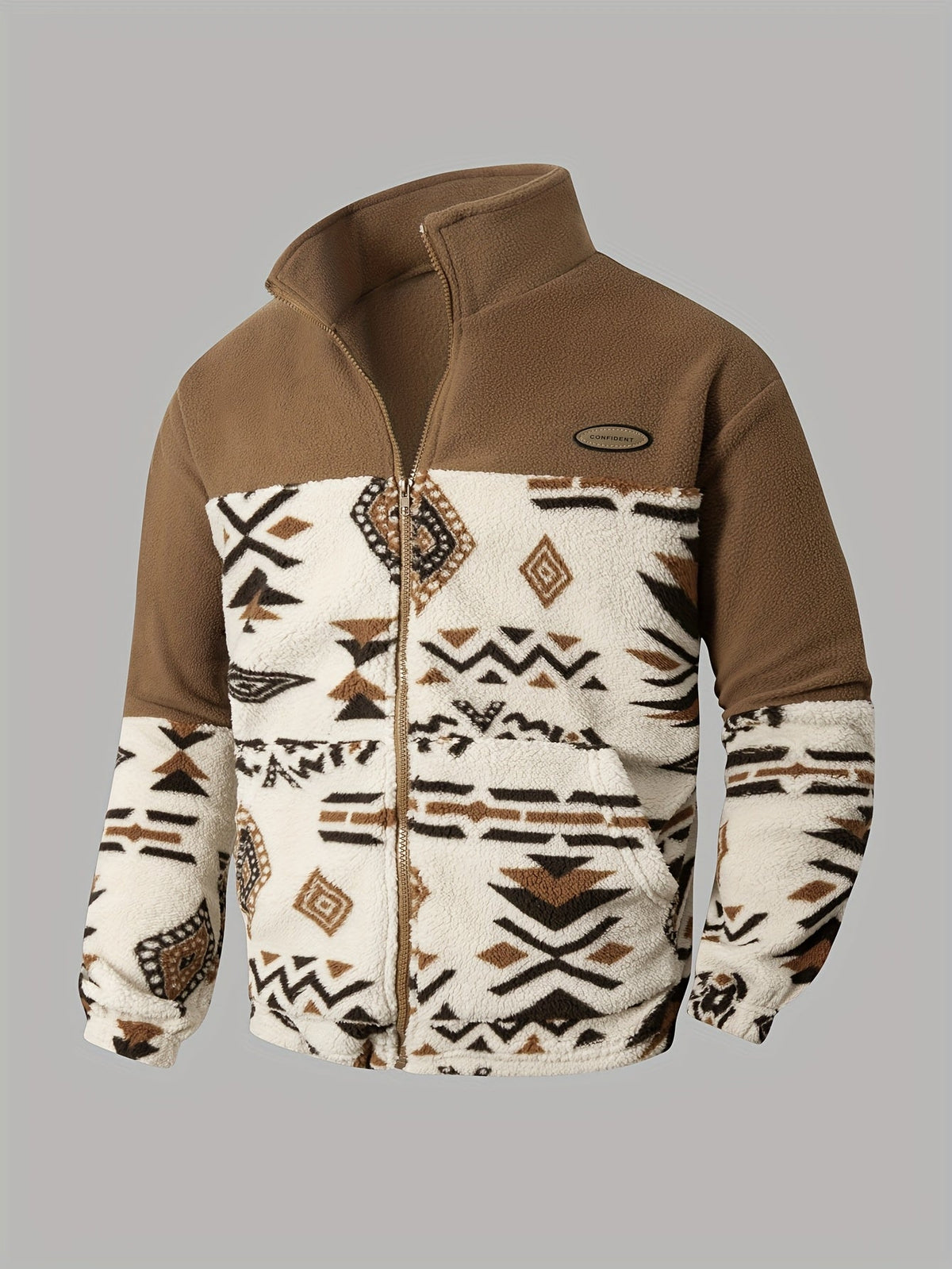 Fleecejacke mit Stehkragen, Braun und Beige, Ethno-Muster, Reißverschluss