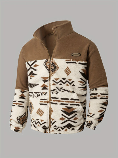 Fleecejacke mit Stehkragen, Braun und Beige, Ethno-Muster, Reißverschluss